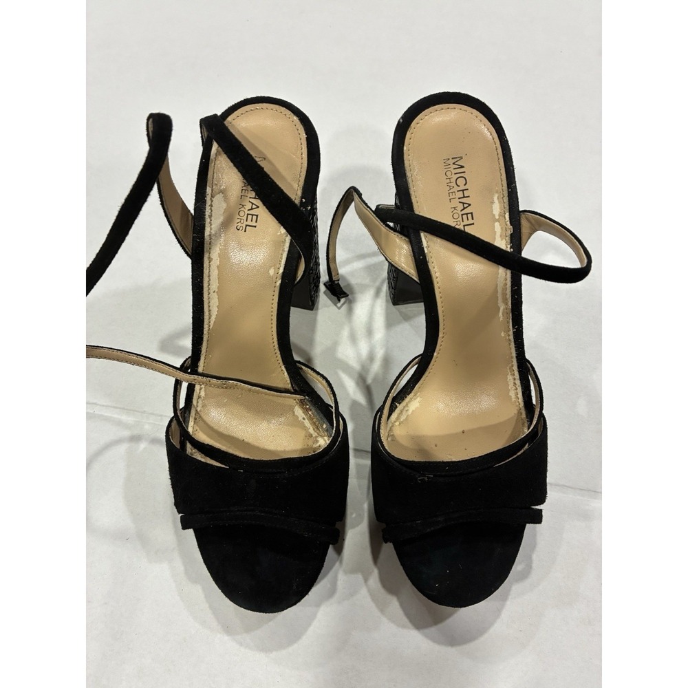 Michael Kors Strappy Sandals High Heels Womens 7M Black Leather Open Toe. SKU1